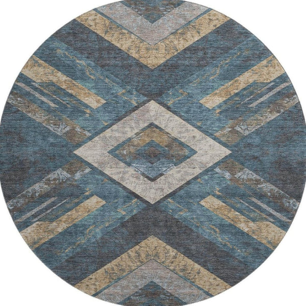 HomeRoots 8' X 10' Stylish Geometric Washable Area Rug in Navy Blue, Brown & Beige with UV Protection & Comfort 709292