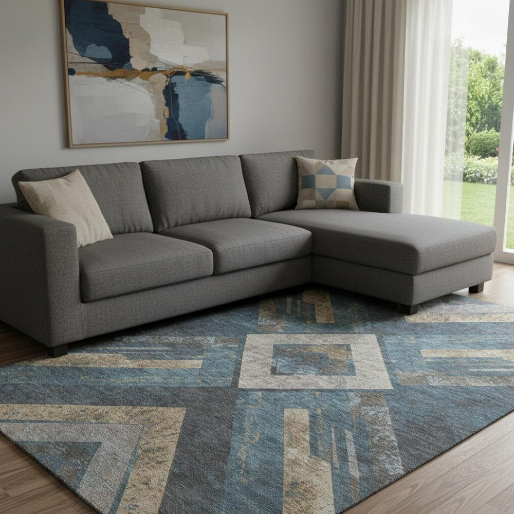HomeRoots 9' X 12' Stylish Geometric Area Rug in Navy Blue, Brown & Beige - Washable, UV Protected & Durable! 709293