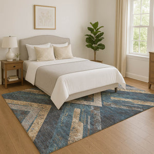 HomeRoots 9' X 12' Stylish Geometric Area Rug in Navy Blue, Brown & Beige - Washable, UV Protected & Durable! 709293
