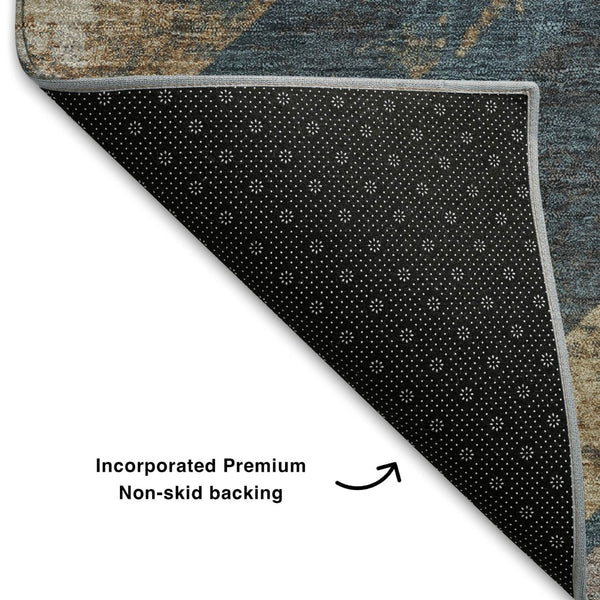 HomeRoots 9' X 12' Stylish Geometric Area Rug in Navy Blue, Brown & Beige - Washable, UV Protected & Durable! 709293