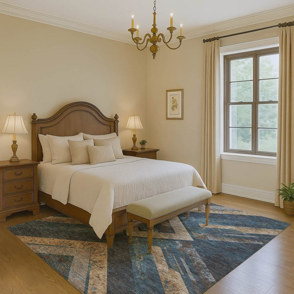 HomeRoots 9' X 12' Stylish Geometric Area Rug in Navy Blue, Brown & Beige - Washable, UV Protected & Durable! 709293
