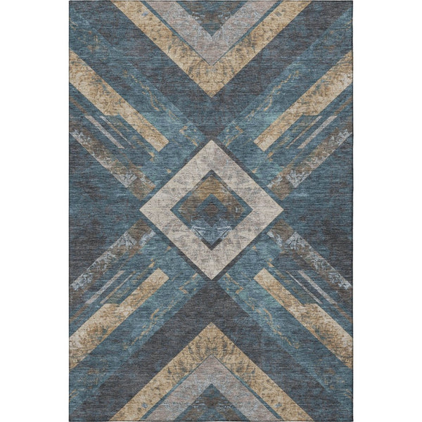HomeRoots 9' X 12' Stylish Geometric Area Rug in Navy Blue, Brown & Beige - Washable, UV Protected & Durable! 709293