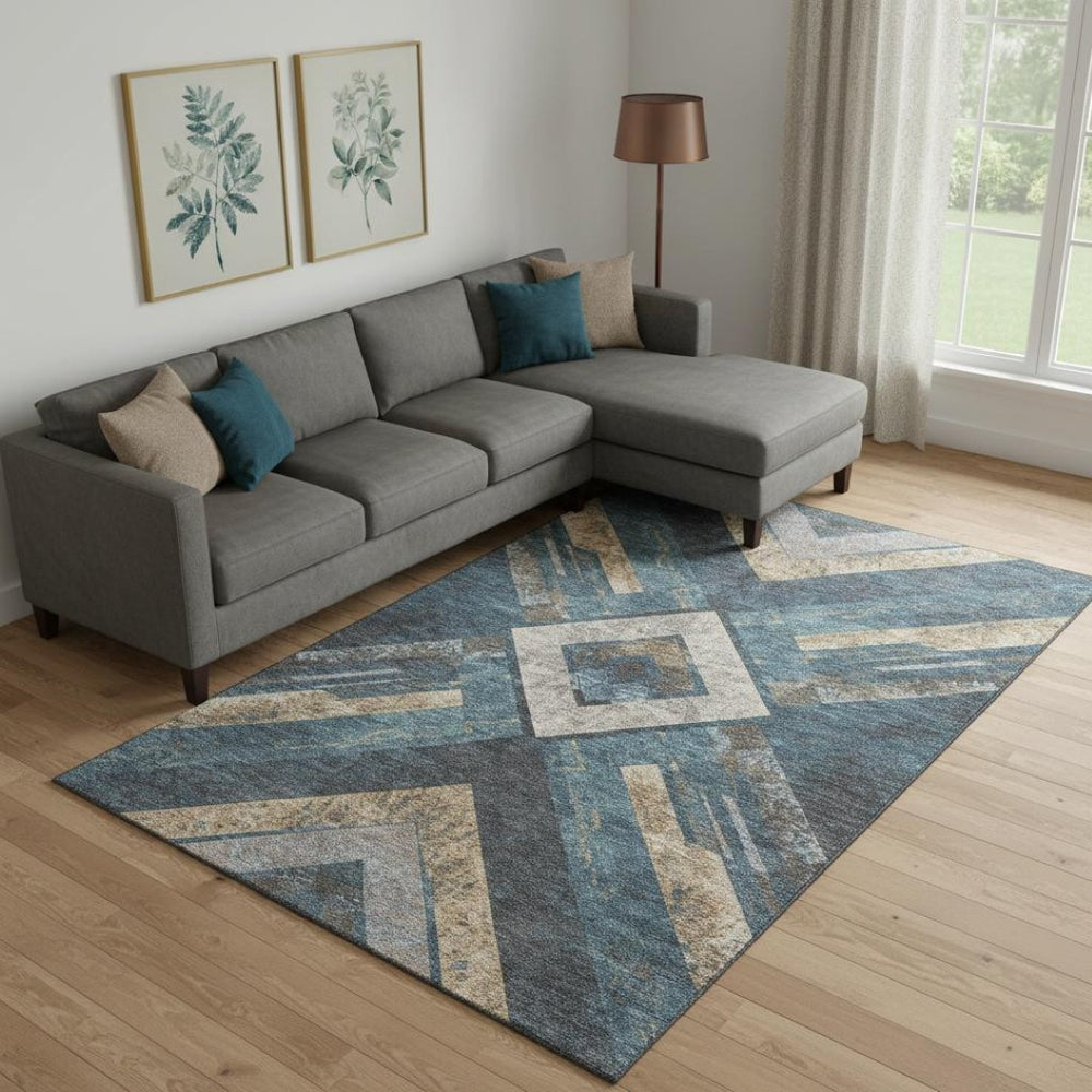 HomeRoots 10' X 14' Stylish Geometric Washable Area Rug in Navy Blue, Brown & Beige – UV & Stain Resistant! 709294