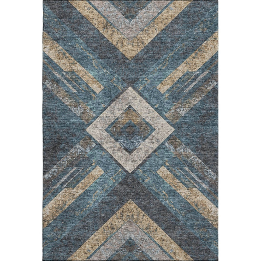 HomeRoots 10' X 14' Stylish Geometric Washable Area Rug in Navy Blue, Brown & Beige – UV & Stain Resistant! 709294