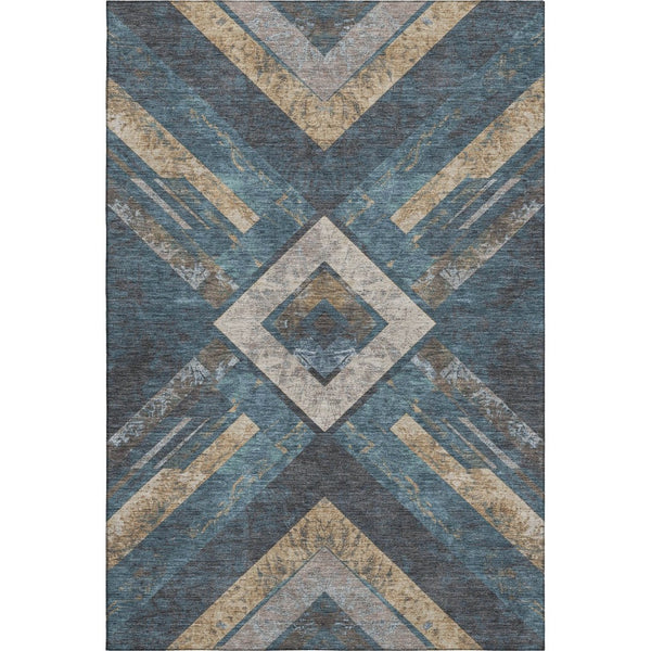 HomeRoots 10' X 14' Stylish Geometric Washable Area Rug in Navy Blue, Brown & Beige – UV & Stain Resistant! 709294