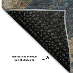HomeRoots 10' X 14' Stylish Geometric Washable Area Rug in Navy Blue, Brown & Beige – UV & Stain Resistant! 709294