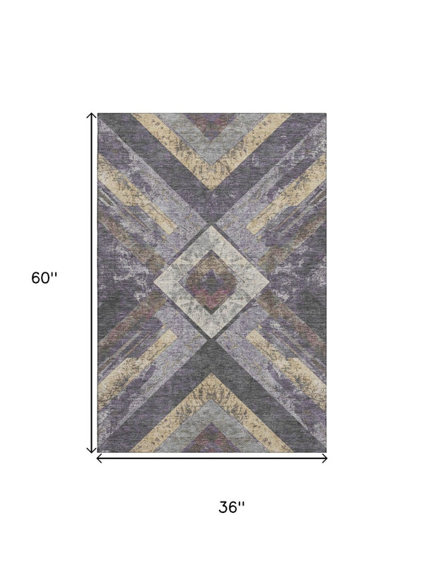 HomeRoots 5' X 8' Stylish Purple Gold Ivory Geometric Area Rug - Washable, UV-Protected for High-Traffic Spaces 709296
