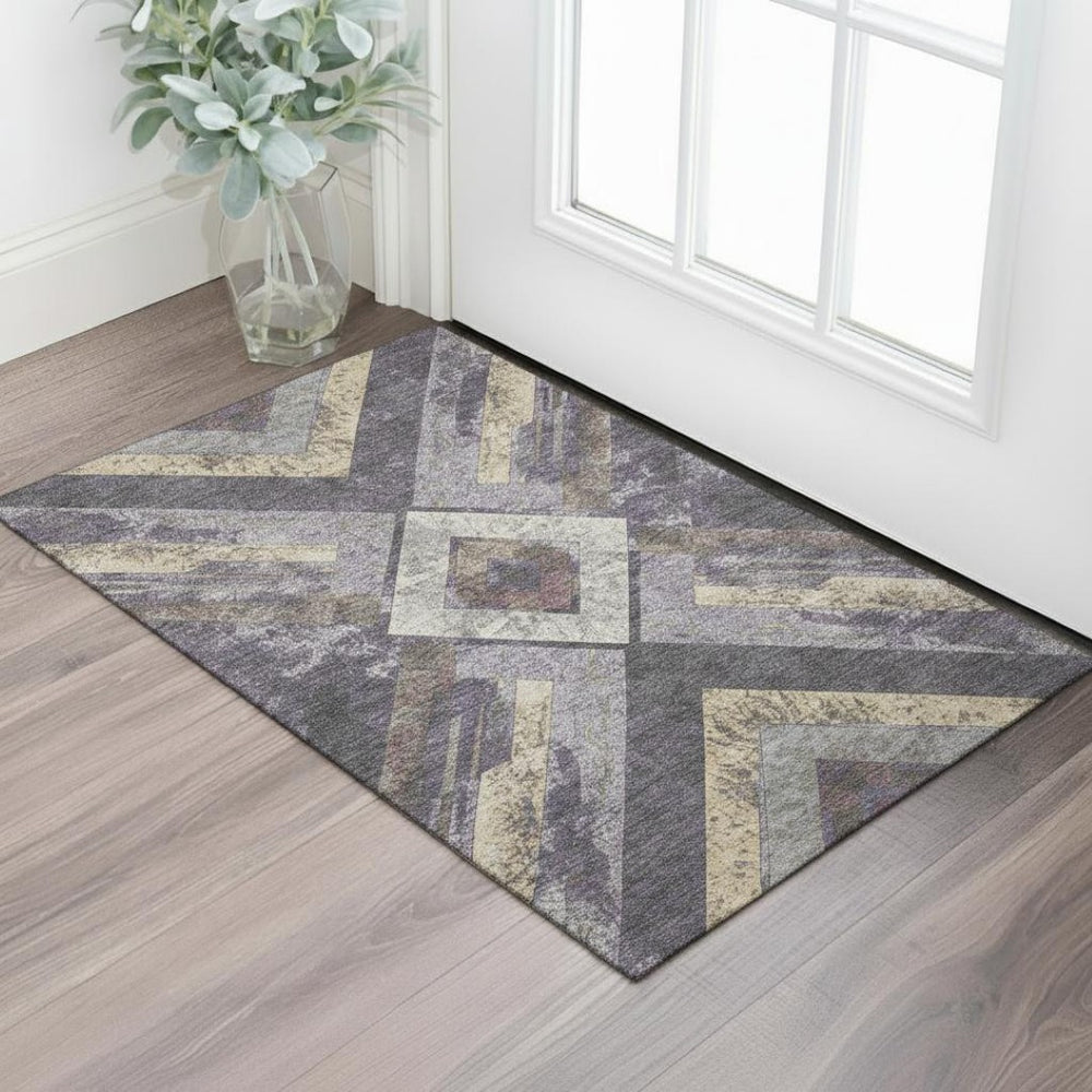 HomeRoots 5' X 8' Stylish Purple Gold Ivory Geometric Area Rug - Washable, UV-Protected for High-Traffic Spaces 709296