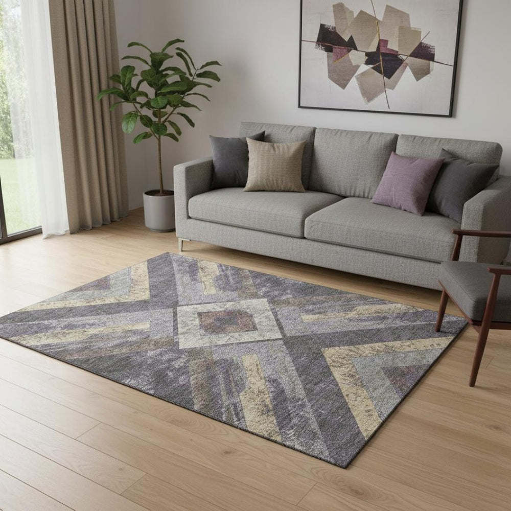 HomeRoots 8' Modern Geometric Washable Round Rug in Purple, Gold & Ivory with UV Protection for Durability 709297