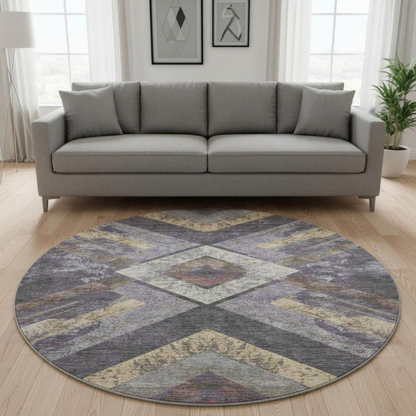 HomeRoots 8' X 10' Stylish Purple Gold Ivory Geometric Washable Area Rug with UV Protection & Easy Care 709298