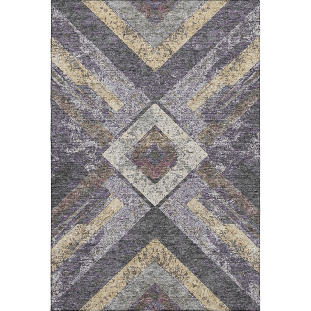 HomeRoots 9' X 12' Bold Purple Gold Ivory Geometric Area Rug – Washable, UV Protected, Stain Resistant Design 709299