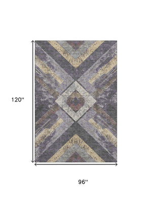 HomeRoots 9' X 12' Bold Purple Gold Ivory Geometric Area Rug – Washable, UV Protected, Stain Resistant Design 709299