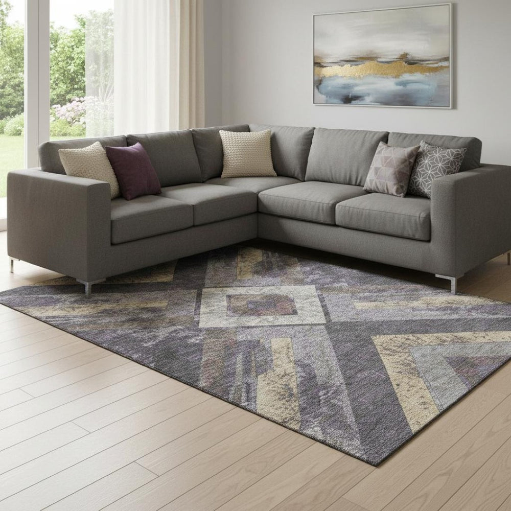 HomeRoots 9' X 12' Bold Purple Gold Ivory Geometric Area Rug – Washable, UV Protected, Stain Resistant Design 709299