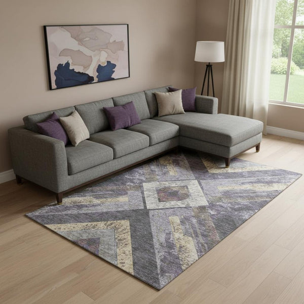HomeRoots 10' X 14' Geometric Purple Gold Ivory Washable Area Rug - Durable, UV-Protected for Modern Spaces 709300