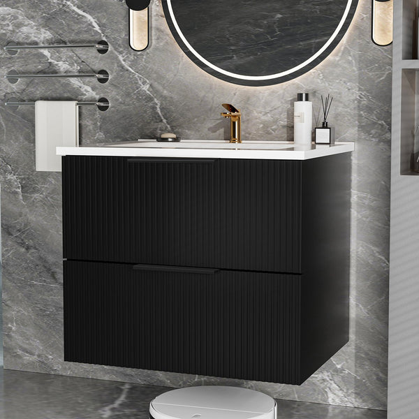 English Elm 24 Compact Bathroom Vanity with Sink — Floor-Standing Stability, Soft-Close Drawers, Large Storage, Durable Finish Matte Black 26.38 L x 22.83 W x 7.87 H W3520S00001