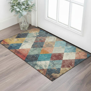 HomeRoots 5' X 8' Geometric Area Rug in Navy, Orange & Red - Washable, UV-Protected, Stain-Resistant Design 709308