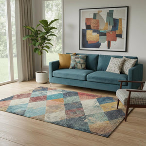 HomeRoots 8' Vibrant Geometric Round Rug in Navy, Orange, and Red - Washable & UV-Protected for Busy Homes 709309
