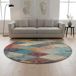 HomeRoots 8' X 10' Navy Blue, Orange & Red Geometric Area Rug - Washable, UV-Protected, Durable & Stylish Design 709310