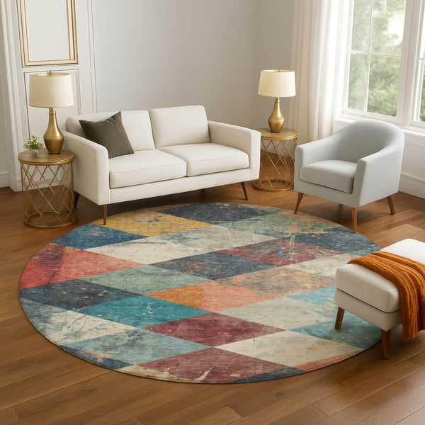HomeRoots 8' X 10' Navy Blue, Orange & Red Geometric Area Rug - Washable, UV-Protected, Durable & Stylish Design 709310