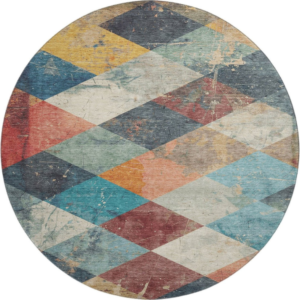 HomeRoots 8' X 10' Navy Blue, Orange & Red Geometric Area Rug - Washable, UV-Protected, Durable & Stylish Design 709310