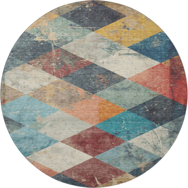 HomeRoots 8' X 10' Navy Blue, Orange & Red Geometric Area Rug - Washable, UV-Protected, Durable & Stylish Design 709310