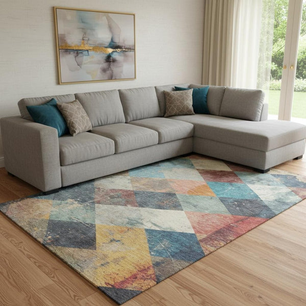 HomeRoots 9' X 12' Navy Blue Geometric Area Rug with Vibrant Orange & Red - Washable, UV-Protected, Durable Design 709311