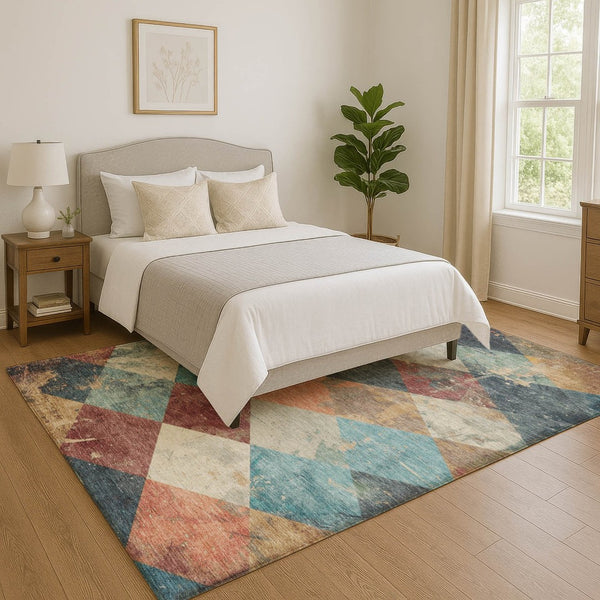 HomeRoots 9' X 12' Navy Blue Geometric Area Rug with Vibrant Orange & Red - Washable, UV-Protected, Durable Design 709311