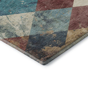 HomeRoots 9' X 12' Navy Blue Geometric Area Rug with Vibrant Orange & Red - Washable, UV-Protected, Durable Design 709311