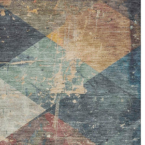HomeRoots 9' X 12' Navy Blue Geometric Area Rug with Vibrant Orange & Red - Washable, UV-Protected, Durable Design 709311
