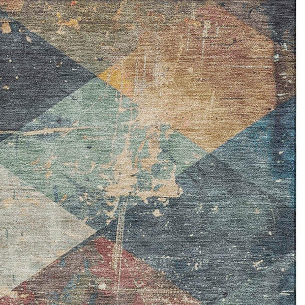 HomeRoots 9' X 12' Navy Blue Geometric Area Rug with Vibrant Orange & Red - Washable, UV-Protected, Durable Design 709311