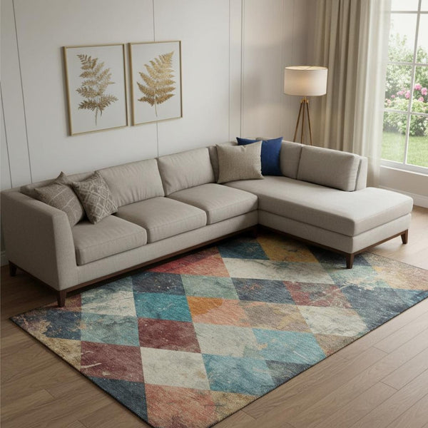HomeRoots 10' X 14' Geometric Washable Area Rug in Navy, Orange & Red – Durable, UV Protected & Non-Slip! 709312
