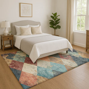HomeRoots 10' X 14' Geometric Washable Area Rug in Navy, Orange & Red – Durable, UV Protected & Non-Slip! 709312