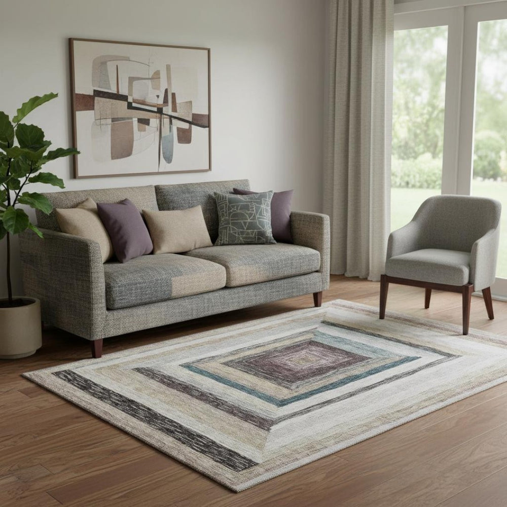 HomeRoots 8' Beige Ivory and Charcoal Geometric Washable Round Rug with UV Protection for Modern Spaces 709315