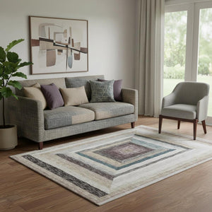 HomeRoots 8' Beige Ivory and Charcoal Geometric Washable Round Rug with UV Protection for Modern Spaces 709315