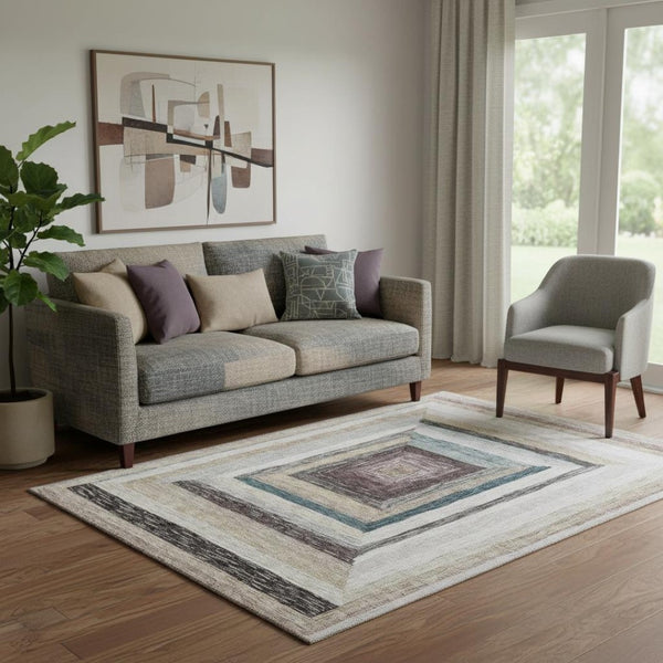 HomeRoots 8' Beige Ivory and Charcoal Geometric Washable Round Rug with UV Protection for Modern Spaces 709315