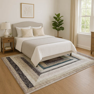 HomeRoots 8' Beige Ivory and Charcoal Geometric Washable Round Rug with UV Protection for Modern Spaces 709315