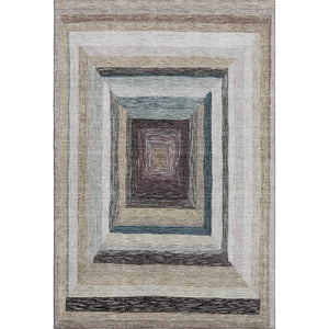 HomeRoots 8' Beige Ivory and Charcoal Geometric Washable Round Rug with UV Protection for Modern Spaces 709315