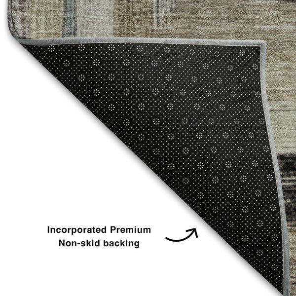 HomeRoots 8' Beige Ivory and Charcoal Geometric Washable Round Rug with UV Protection for Modern Spaces 709315