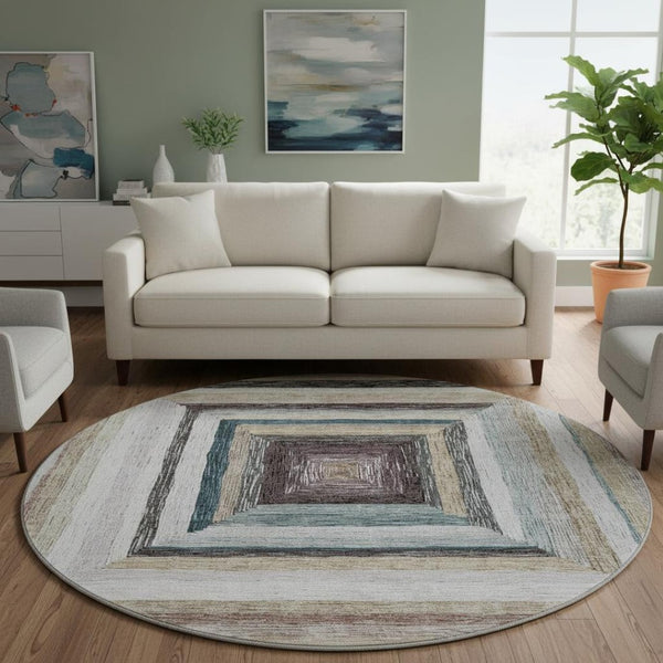 HomeRoots 8' X 10' Washable Beige, Ivory & Charcoal Geometric Area Rug with UV Protection for High-Traffic Spaces 709316