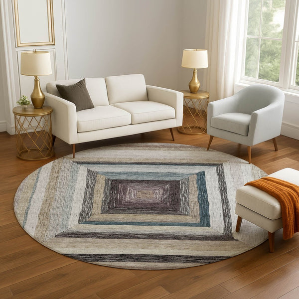 HomeRoots 8' X 10' Washable Beige, Ivory & Charcoal Geometric Area Rug with UV Protection for High-Traffic Spaces 709316