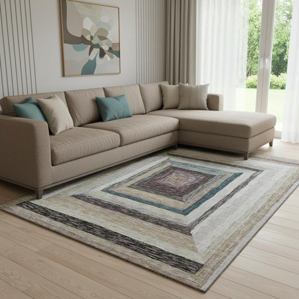 HomeRoots 9' X 12' Washable Beige Ivory Charcoal Geometric Area Rug with UV Protection for High-Traffic Spaces 709317