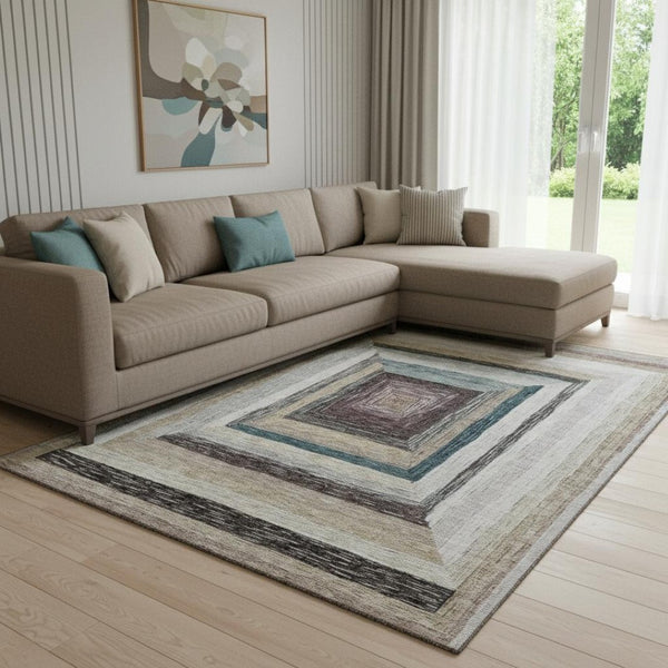 HomeRoots 9' X 12' Washable Beige Ivory Charcoal Geometric Area Rug with UV Protection for High-Traffic Spaces 709317