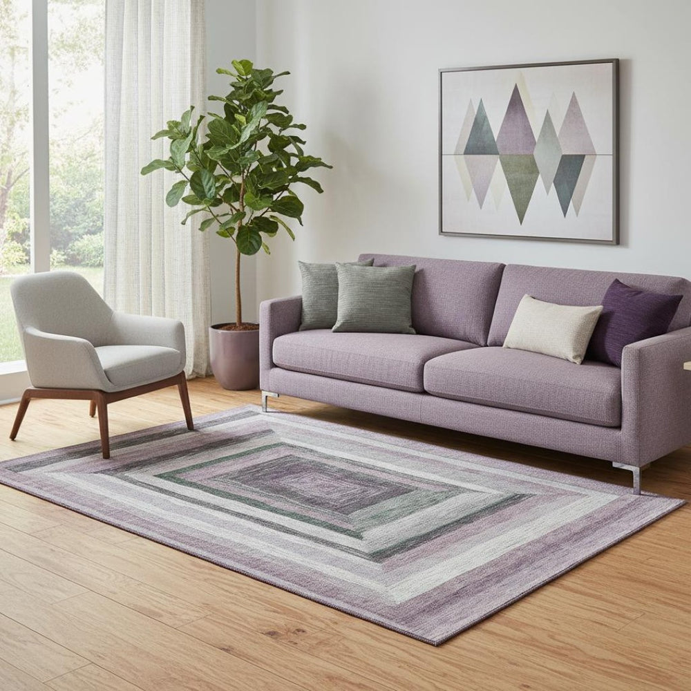 HomeRoots 8' Washable Blush Ivory Charcoal Geometric Round Rug with UV Protection for Modern Homes & Style 709321