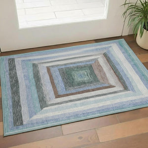 HomeRoots 5' X 8' Denim Blue Geometric Area Rug – Washable, UV-Protected, Durable, Non-Slip for Homes with Kids & Pets 709326