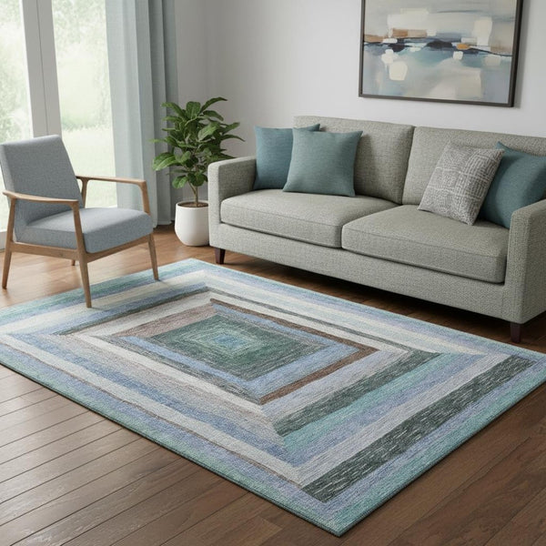 HomeRoots 8' Modern Geometric Washable Round Rug in Denim Blue, Ivory & Brown - Stain Resistant & UV Protected 709327
