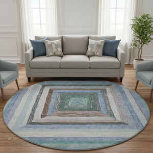 HomeRoots 8' X 10' Modern Geometric Washable Area Rug in Denim Blue, Ivory & Brown - Durable & UV-Protected! 709328