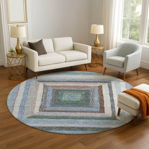 HomeRoots 8' X 10' Modern Geometric Washable Area Rug in Denim Blue, Ivory & Brown - Durable & UV-Protected! 709328
