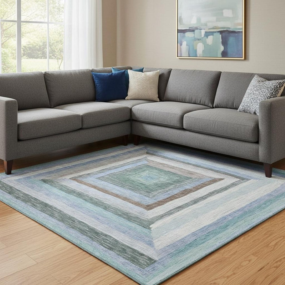 HomeRoots 9' X 12' Washable Denim Blue Geometric Area Rug with UV Protection for Modern Homes & Easy Care 709329