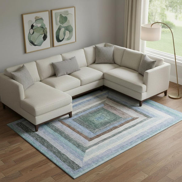 HomeRoots 10' Denim Blue, Ivory & Brown Geometric Area Rug - Washable, UV Protected & Non-Slip for Modern Spaces 709330