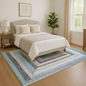 HomeRoots 10' Denim Blue, Ivory & Brown Geometric Area Rug - Washable, UV Protected & Non-Slip for Modern Spaces 709330